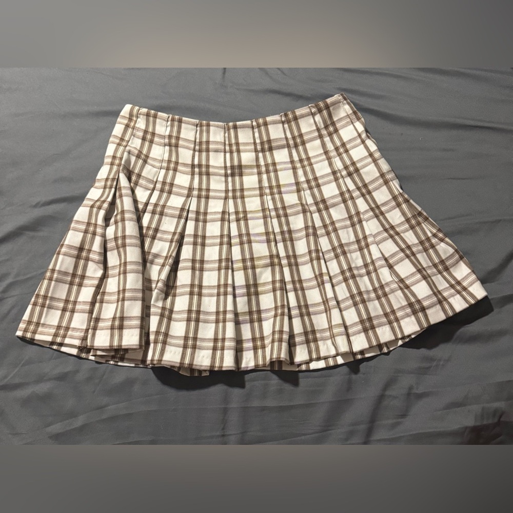 Divided Beige and Brown Plaid Skater Skirt